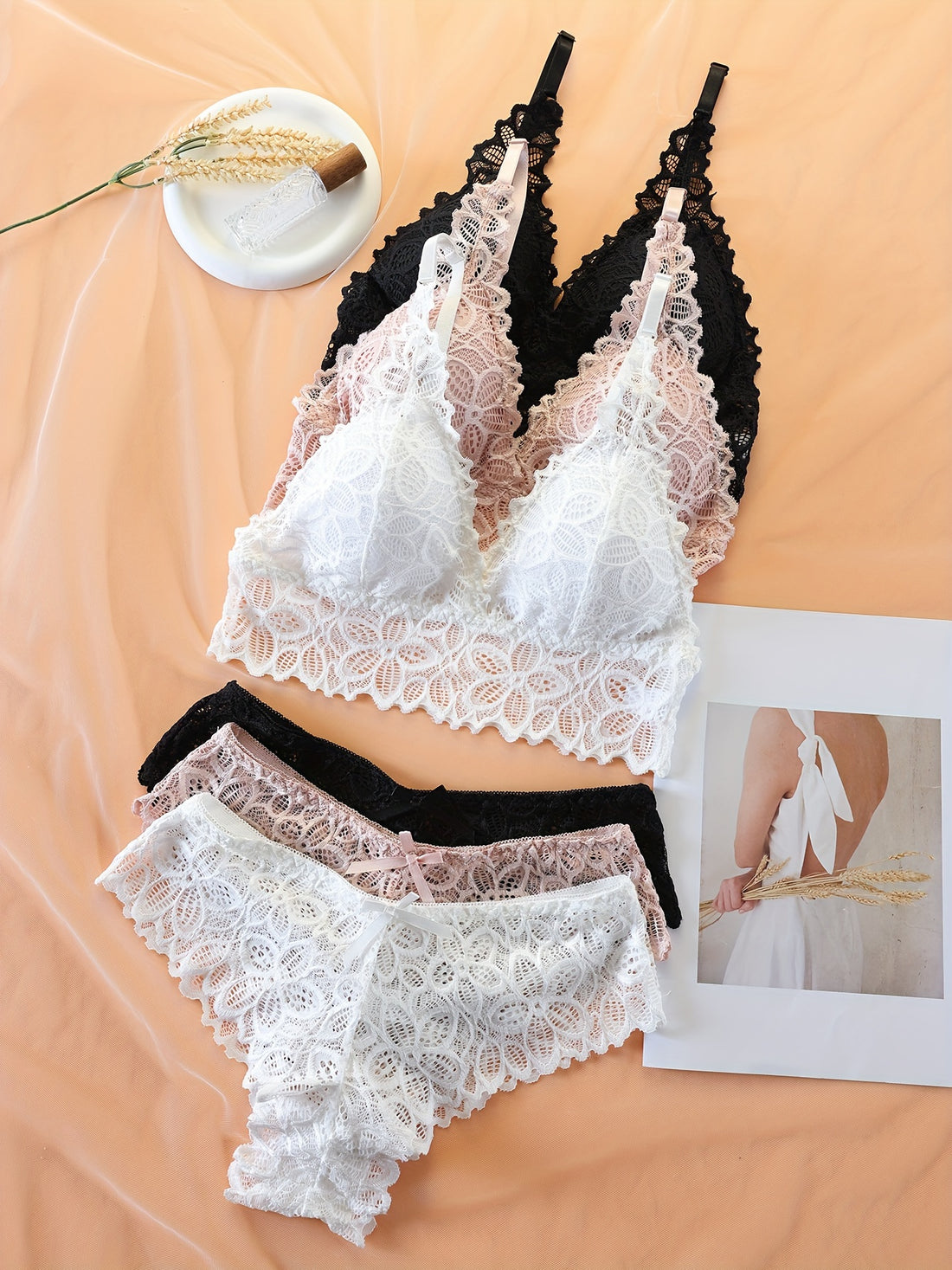 3 Sets Floral Lace Bra & Panties, Wireless Push Up Bra ./MH