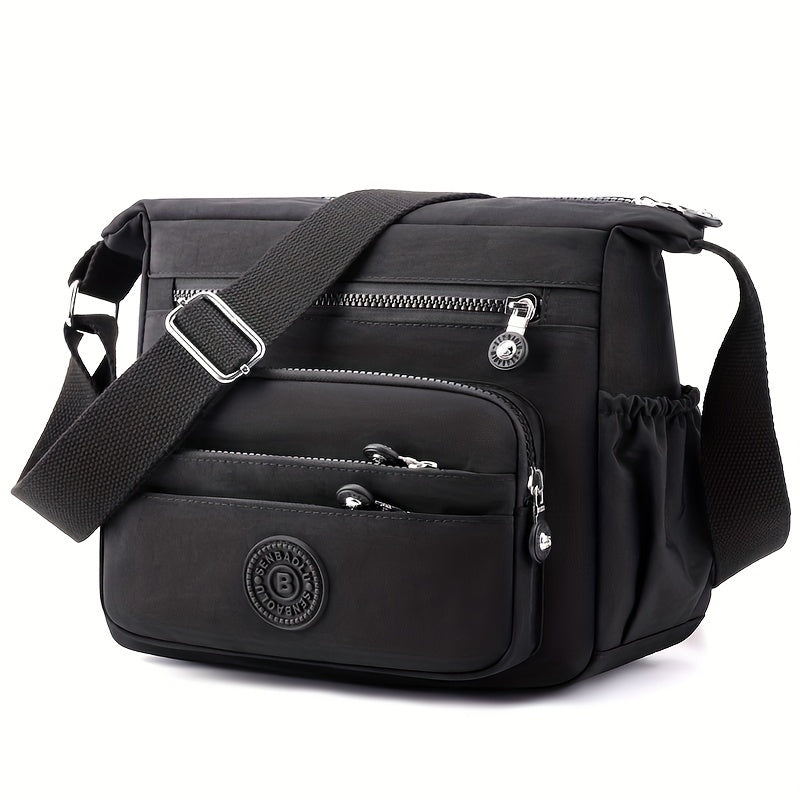 Chic Black Nylon Crossbody Bag for Women - Lightweight, Adjustable Strap, Multi-Pocket Design for Travel, Shopping, Dates & School