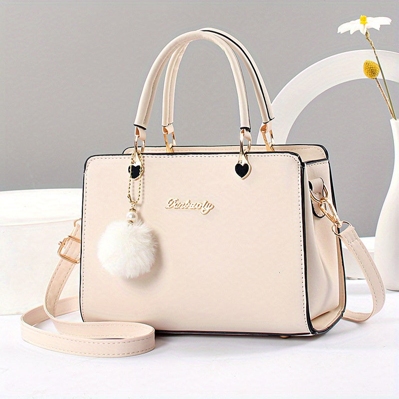Fashion Solid Color Handbag, Women's Top Handle Square Purse, Elegant Crossbody Bag With Pompom Ball Pendant
