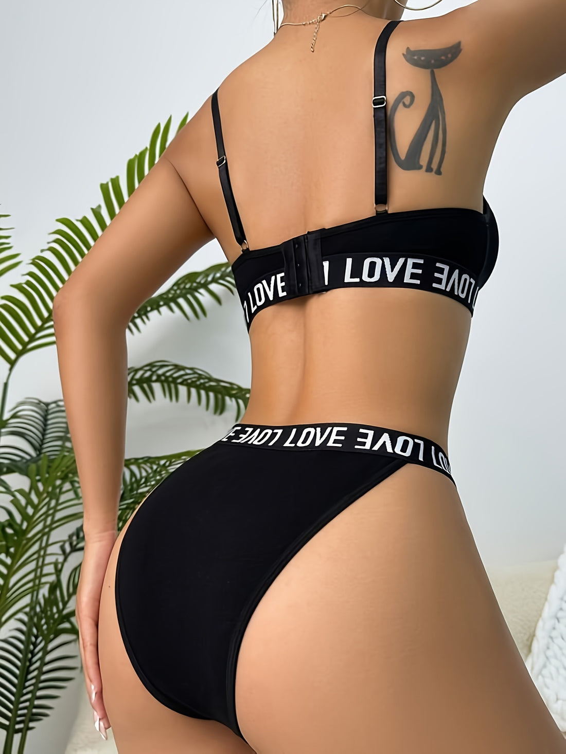Letter Tape Cut Out Bra & Panty, Strappy Bra & Panties Lingerie Set,/MH