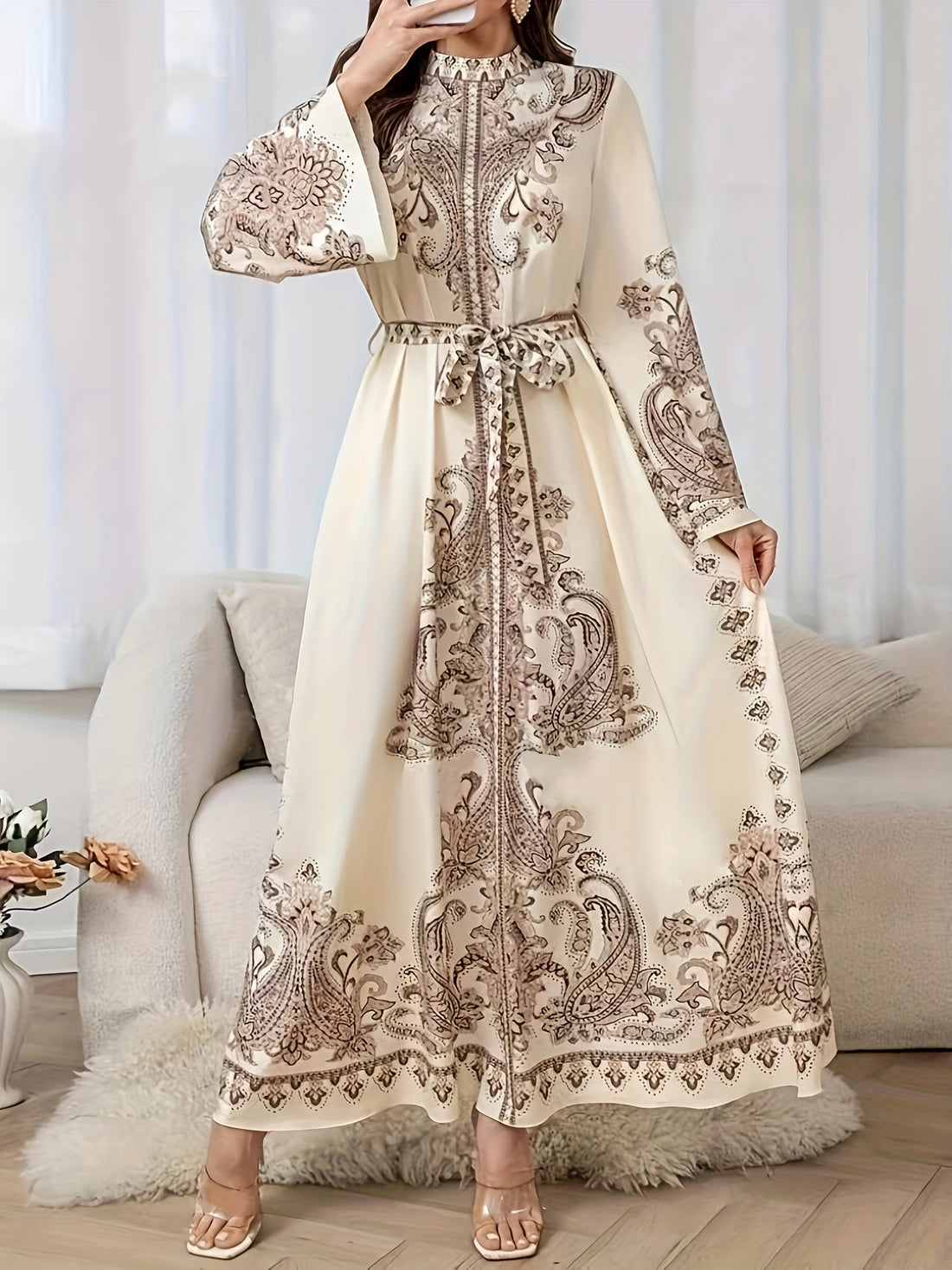 Middle Eastern-Inspired High Neck Floral Print Maxi Dress -/MH
