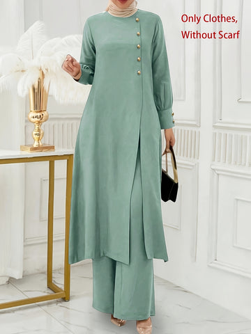 Solid Color Button Design Long Sleeve Top and Pants Set, Arabic Style,/MH