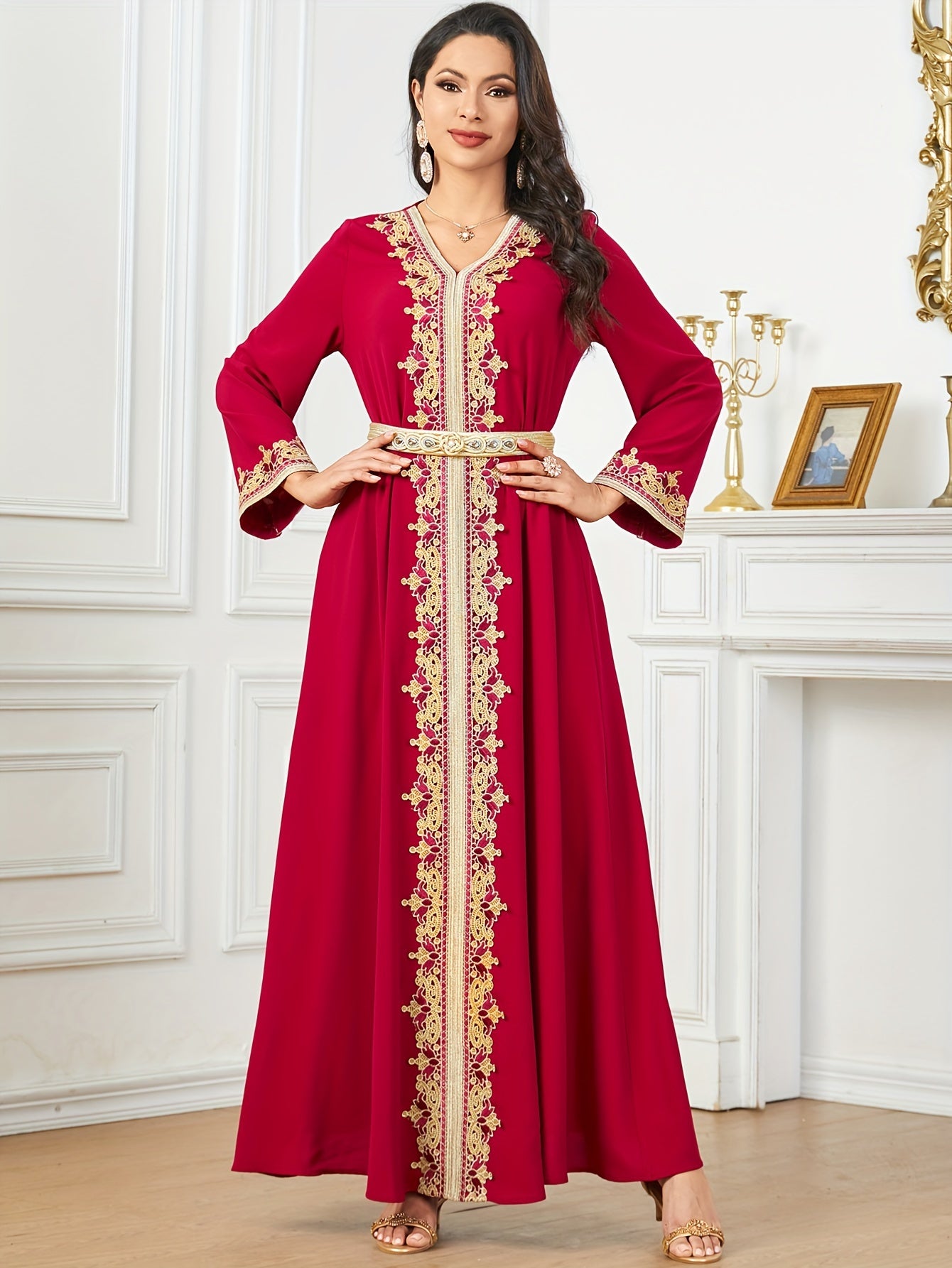 Contrast Lace V-neck Kaftan Dress, Elegant Long Sleeve'/MH