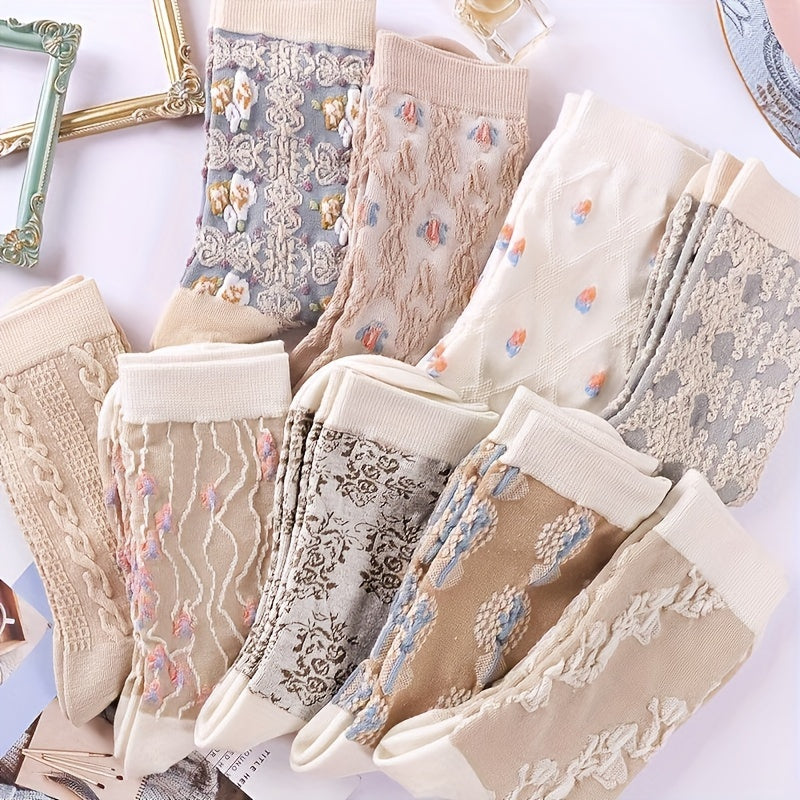 9 Pairs Floral Pattern Socks, Comfy & Breathable Mid Tube Socks, Women's Stockings & Hosiery