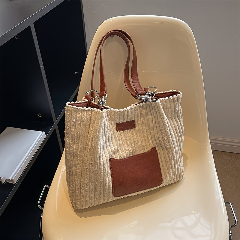 Corduroy Tote Bag For Women, Fashion Chain Shoulder Bag, Large Capacity Plush Handbag