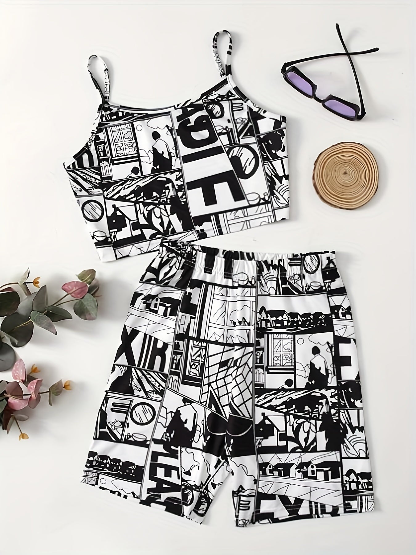 Anime Print Two-piece Shorts Set,