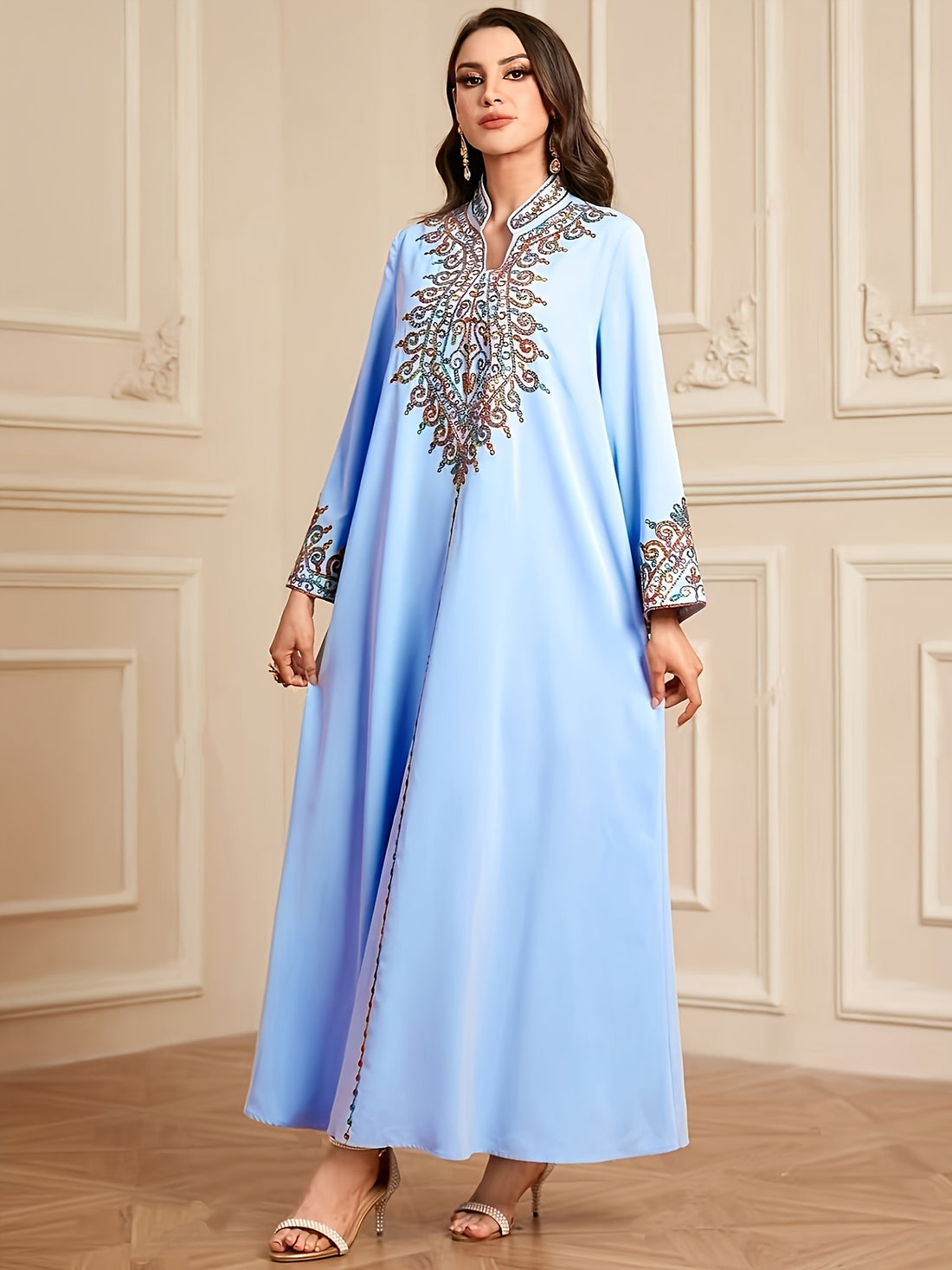Elegant Light Blue Abaya with Intricate Floral Patterns - Long Sleeve, V-Neck, /MH