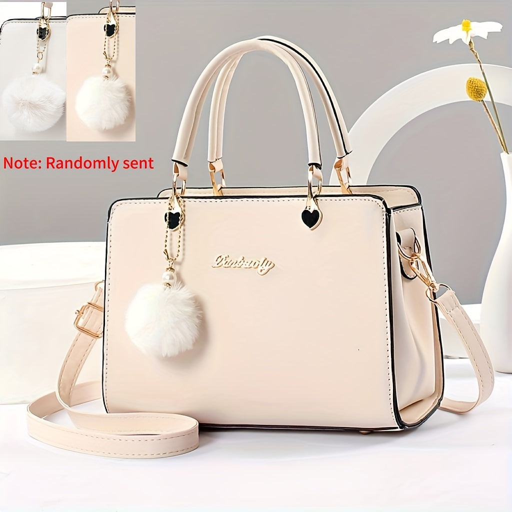 Fashion Solid Color Handbag, Women's Top Handle Square Purse, Elegant Crossbody Bag With Pompom Ball Pendant
