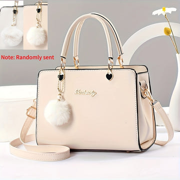 Fashion Solid Color Handbag, Women's Top Handle Square Purse, Elegant Crossbody Bag With Pompom Ball Pendant