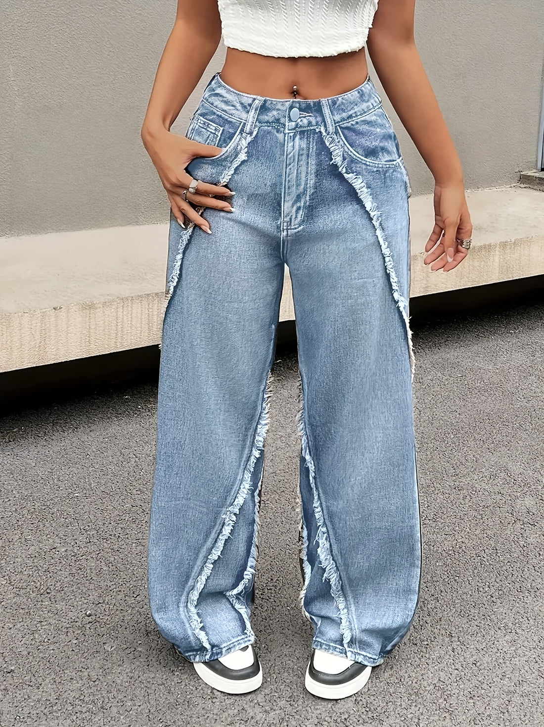 Women's Non-Stretch Denim Wide-Leg Pants - Mid-Rise Vintage Jeans with Flowy Frayed Hem, Easy-Care Machine Washable for Casual Everyday & Formal Outfits - Non-Stretchy Leg Opening Trousers, Summer Wardrobe, Relaxed Fit, Comfo