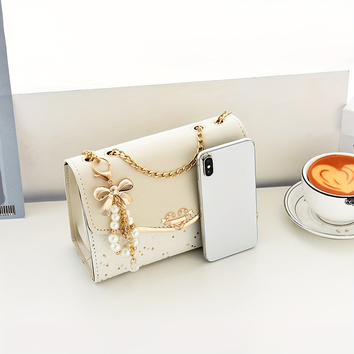 Fashion Polka Dot Beige PU Shoulder Bag with Tassel Charm, Urban Themed Flap-Over Crossbody with Buckle Closure and Metal Chain Strap, Lightweight Portable Handbag for Women, Ideal for Shopping, Office, University, Travel, Ca