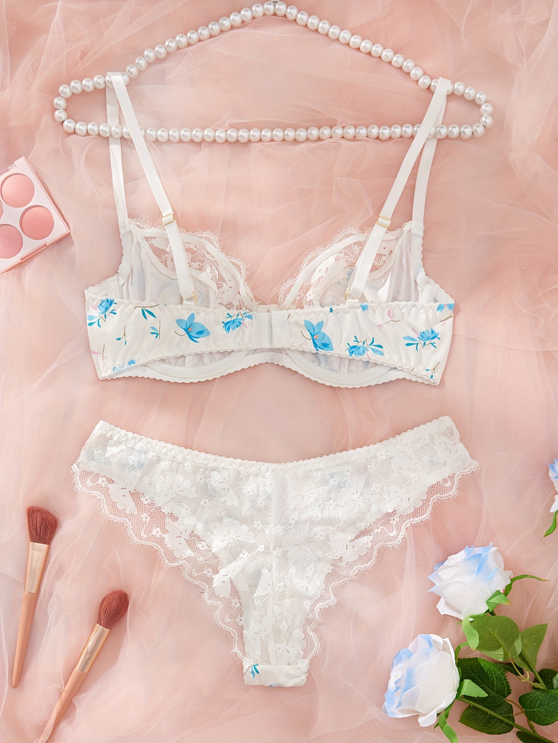 Women's Lingerie Bra and Panty Set, Mature Style, Floral Print with Lace Trim, /MH