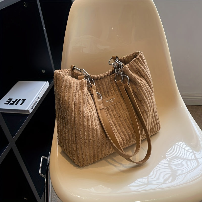 Corduroy Tote Bag For Women, Fashion Chain Shoulder Bag, Large Capacity Plush Handbag