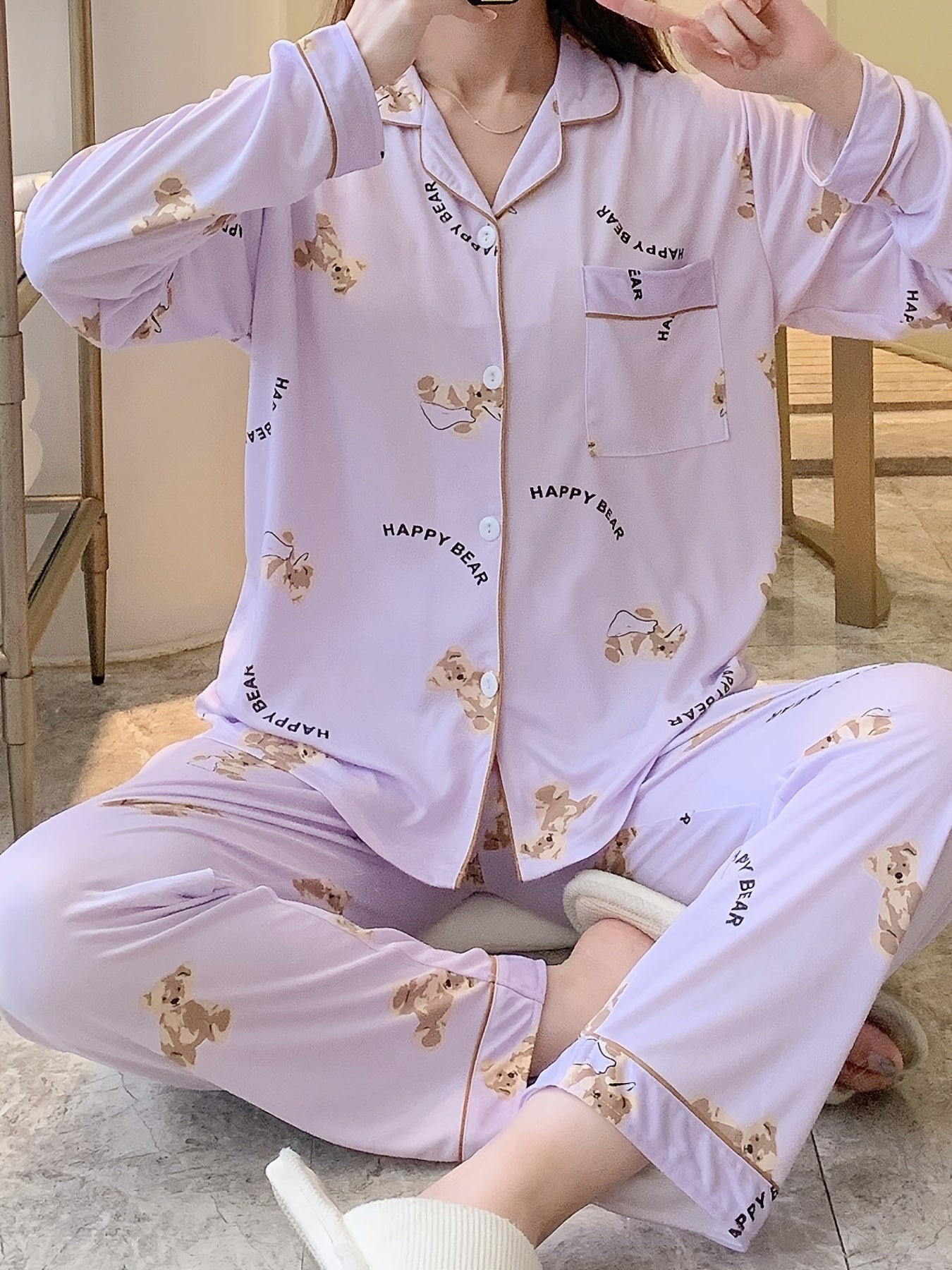 Cartoon Bear Print Pajama Set, /MH