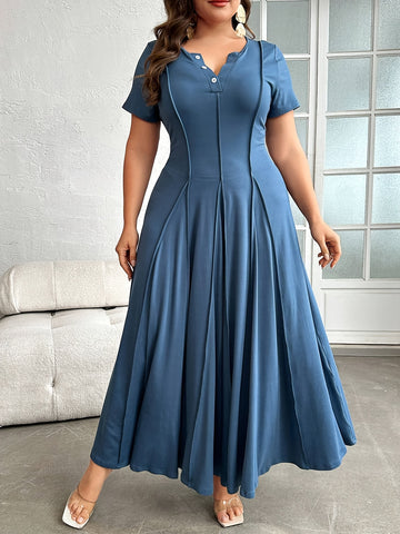 Plus Size, Buttoned neckline pleated detail short sleeve dress,/MH