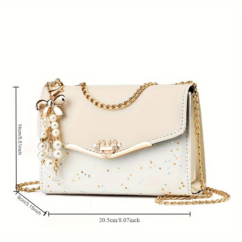 Elegant Korean Style Messenger Bag for Women, Casual Solid Color with Sequin Embellishment, Adjustable Strap, Magnetic Closure, Polyester Lined, Lightweight Shoulder Bag for Mobile Phone and Coin Purse