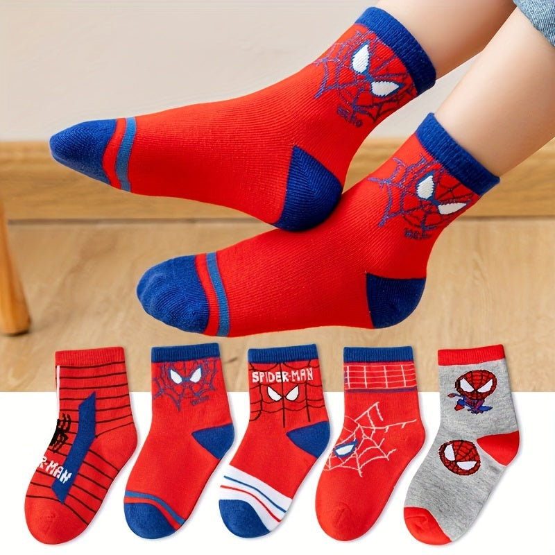 UME Authorized 5 Pairs Of Boy's Cotton Spiderman Cartoon Design Crew Socks, Soft Breathable Comfy Socks For Spring/Autumn Season