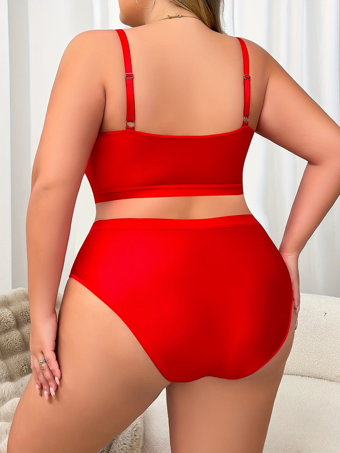 1 Set of Plus Size Sexy Red Lace Trim Lingerie Set with Front Bow '/MH