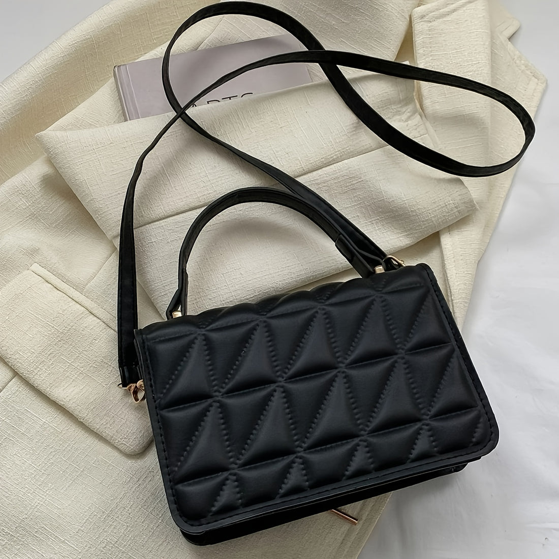 1pc, Chic Mini Quilted Square Handbag, PU Material, Top Handle With Crossbody Strap, Elegant Flap Closure, Fashion Accessory For Women