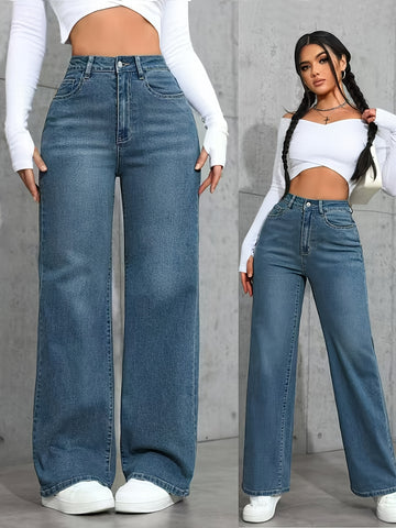 Fashion versatile blue high-waisted stretchy loose straight-leg Women's denim trousers./MH
