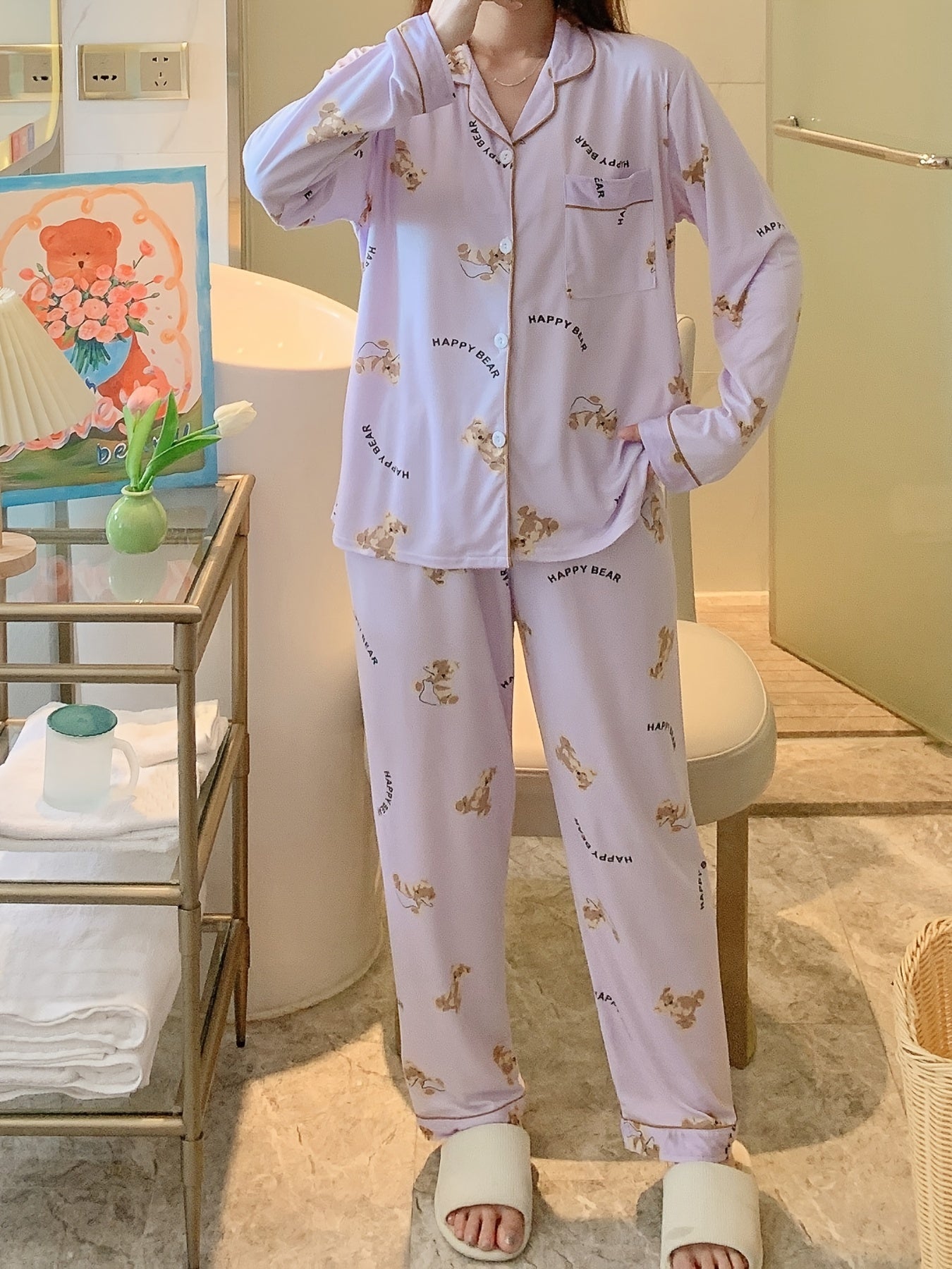 Cartoon Bear Print Pajama Set, /MH