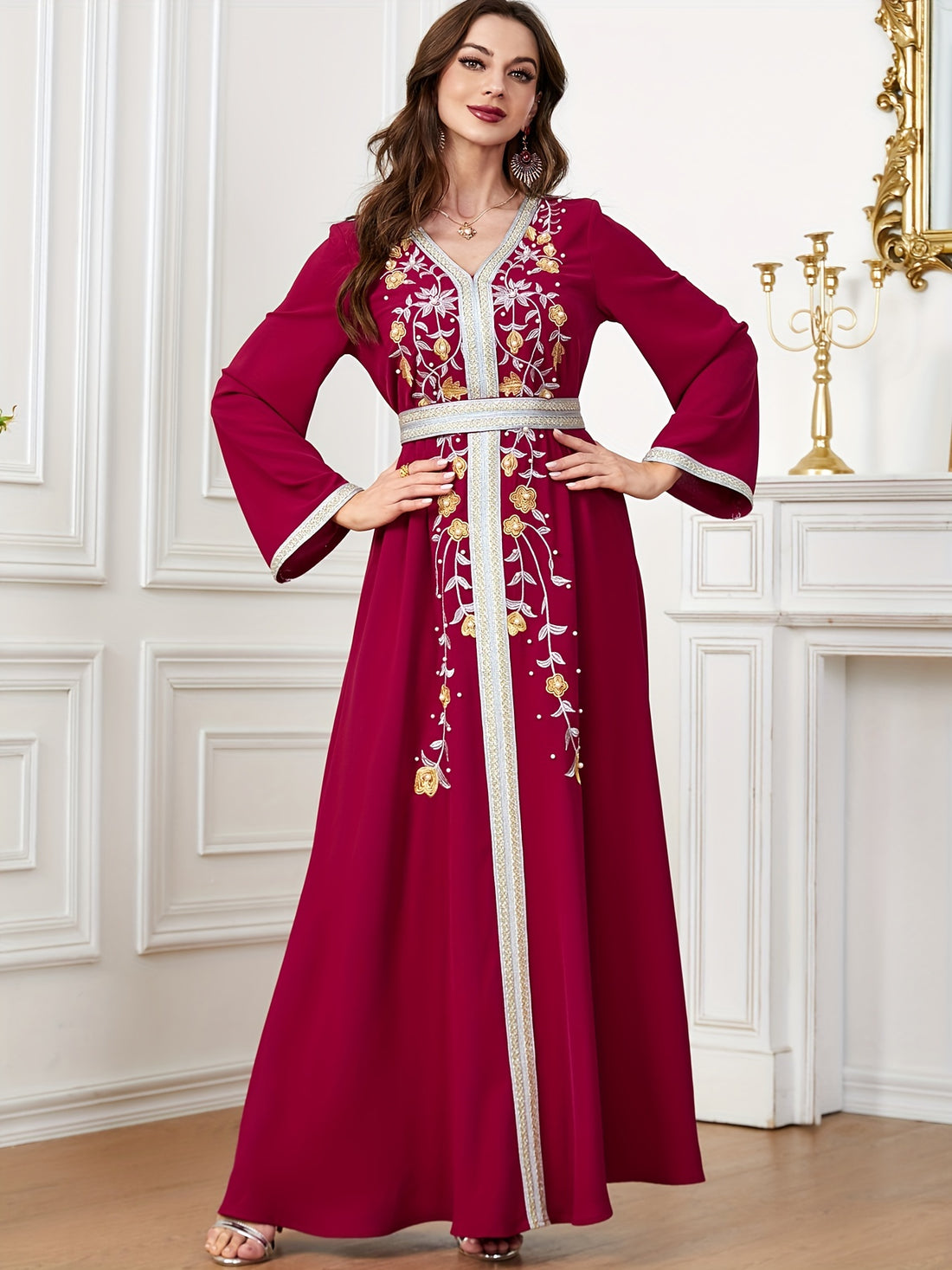 Ramadan Beaded Floral Pattern Kaftan, Elegant Long Sleeve 'MH