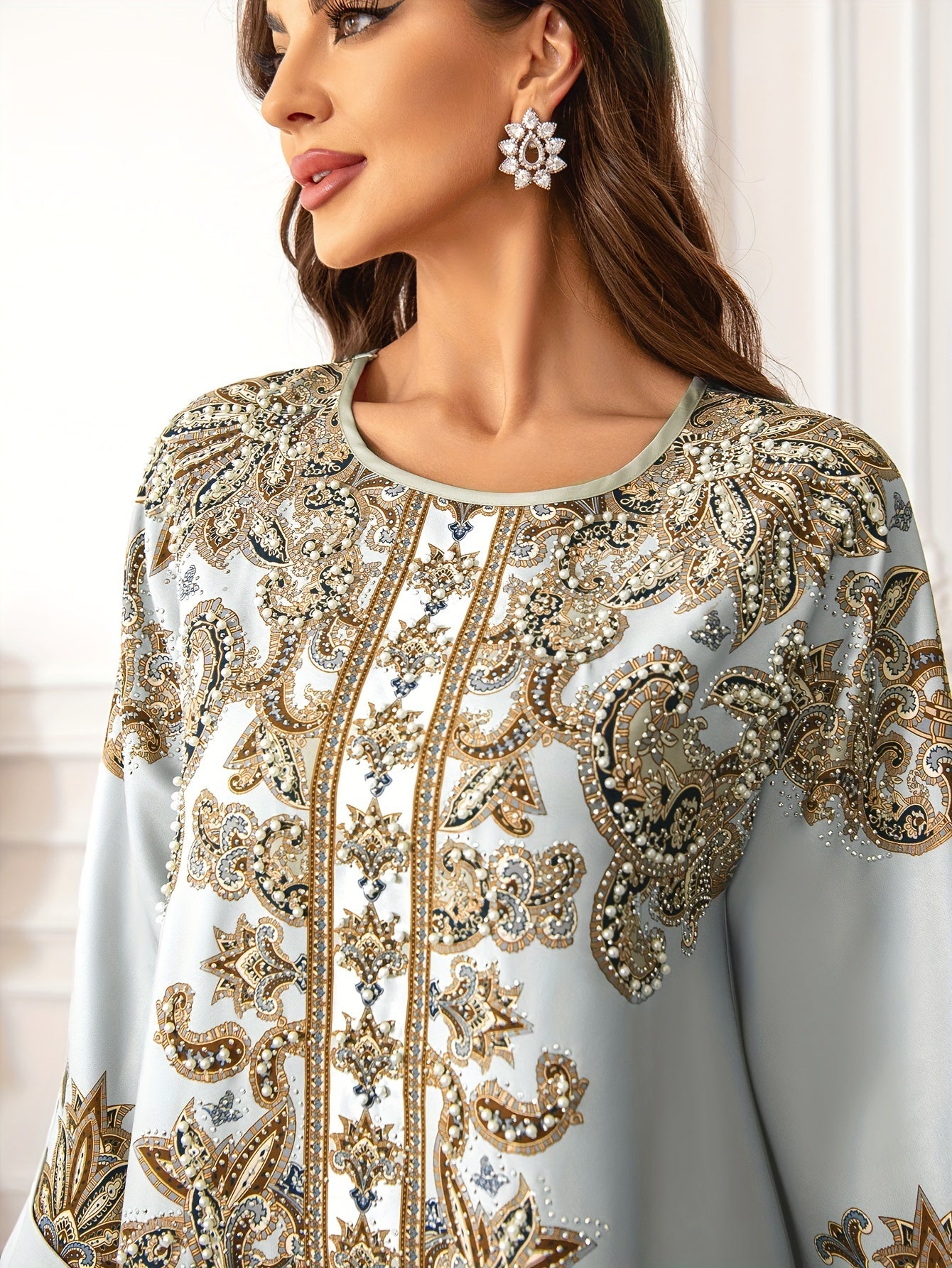 Women's Middle Eastern Abaya Jellabiya Dress - Floral Print Long Sleeve Elegant Traditional Robe with Lace Trim, All-Season Regular Fit Modest Dress for Casual & Formal Occasions, Decorative Trim Detailing