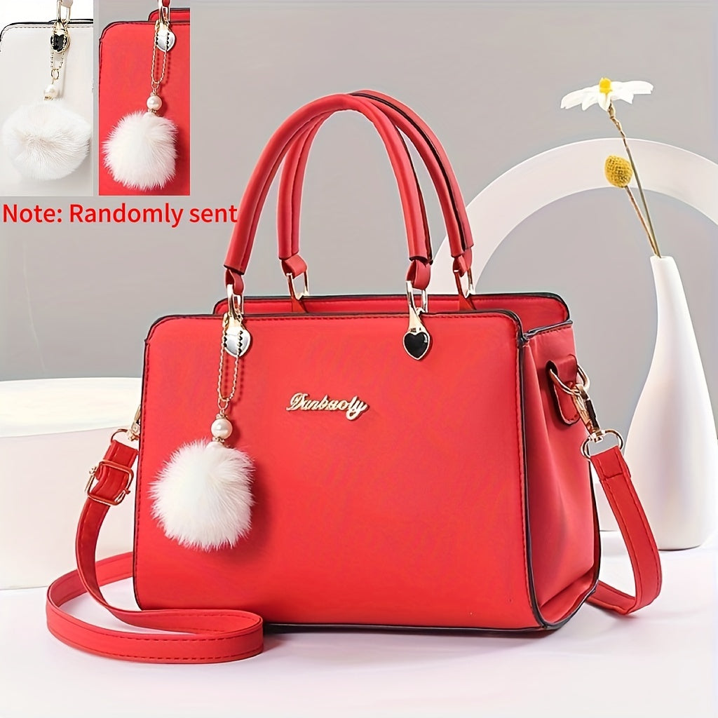 Fashion Solid Color Handbag, Women's Top Handle Square Purse, Elegant Crossbody Bag With Pompom Ball Pendant