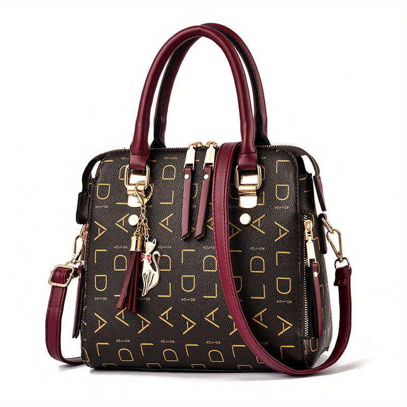 Letter Print Handbag, Tassel Decor Square Crossbody Bag, Women's Small Top Handle Purse