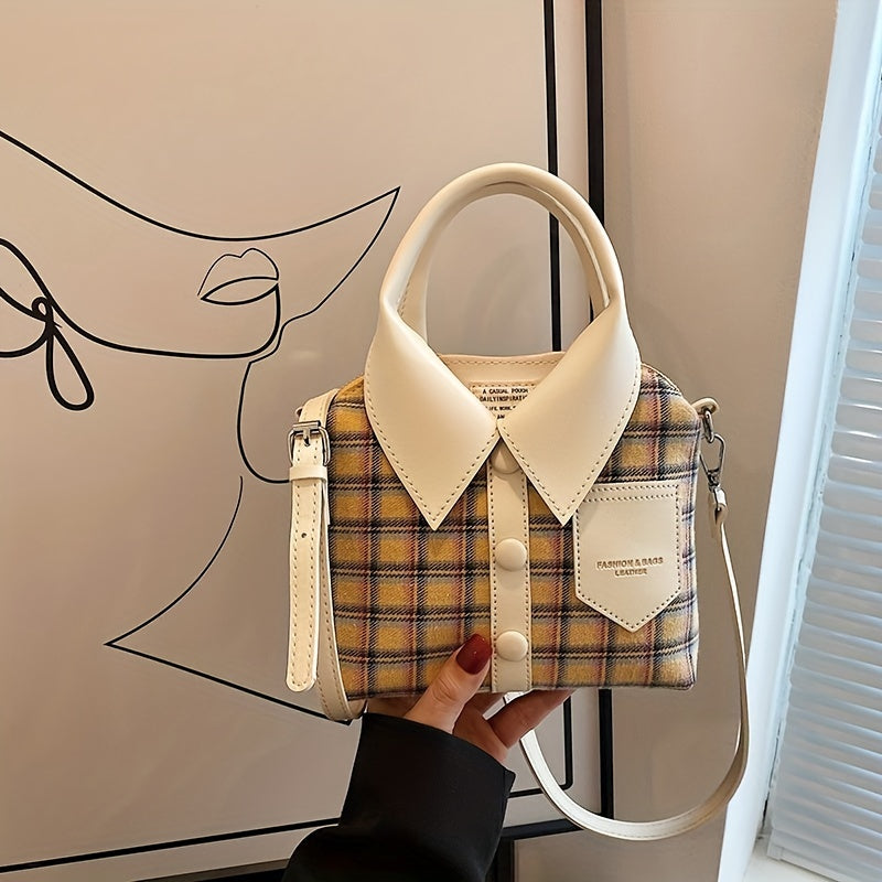 Plaid Shirt Shaped Handbags, Niche Design Crossbody Bag, Top Handle Canvas Satchel Purse