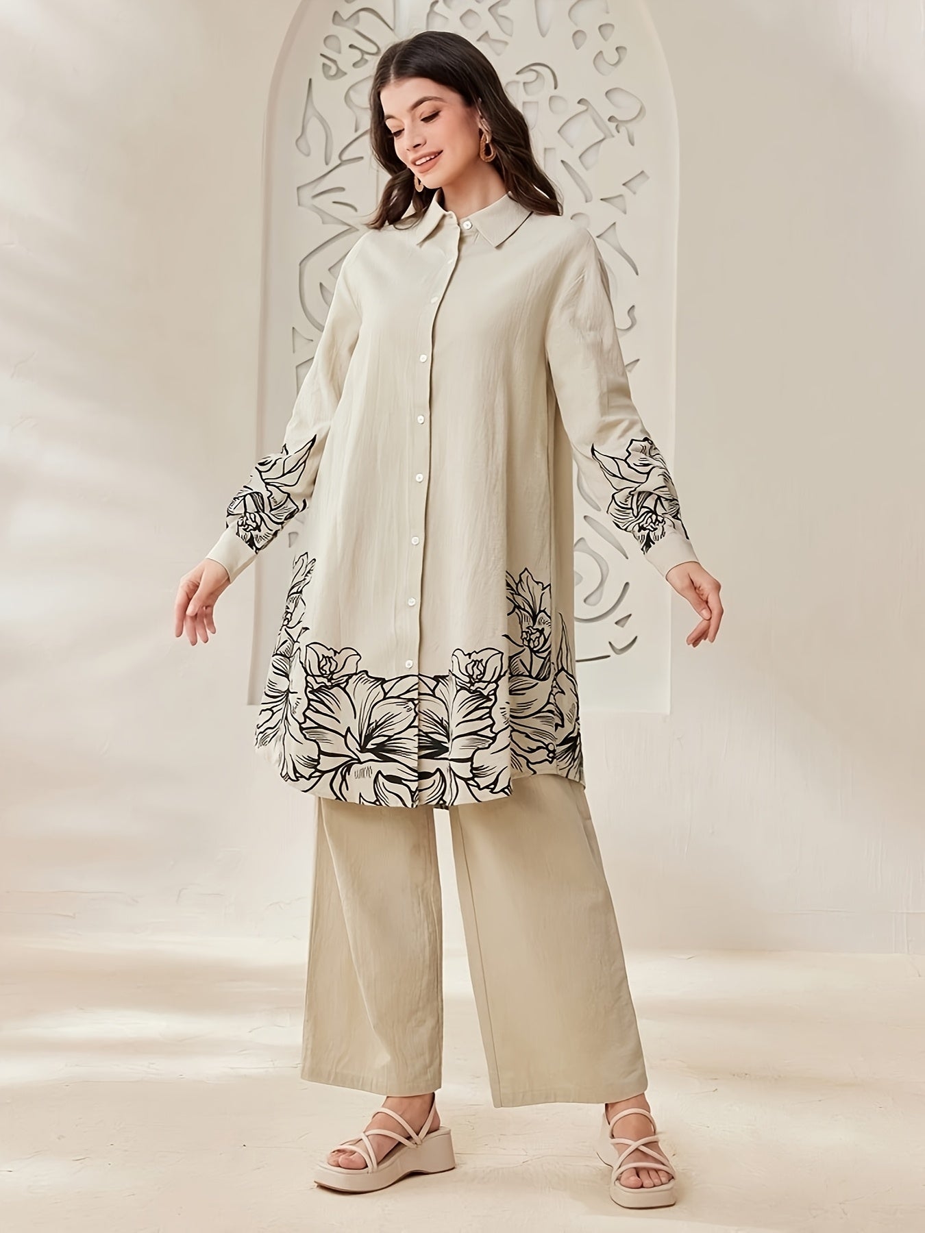 YT309 Women'S Elegant and Fashionable Floral Print Long Sleeve Shirt and Pants Set for Spring, Summer, Autumn