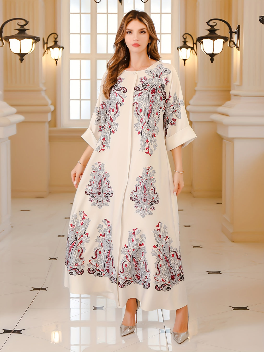 Elegant Beaded Paisley Maxi Dress - Loose Fit, Round Neck, Long Sleeve Kaftan for Women - Perfect for Spring/Fall