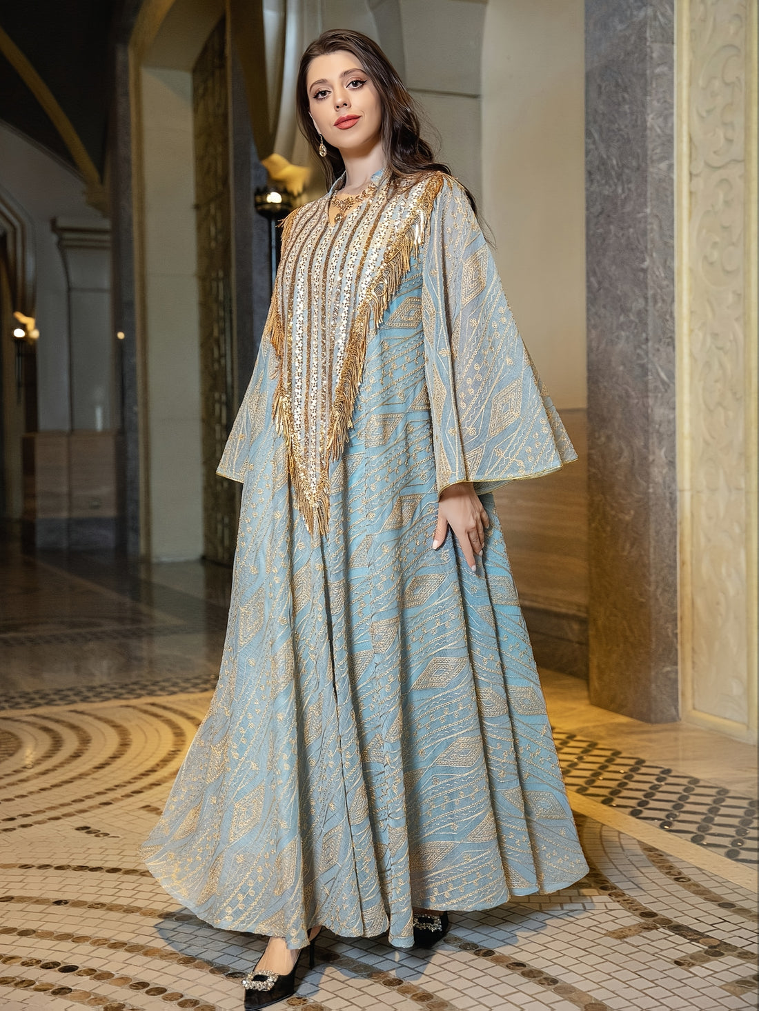 1pc Muslim Evening Dress, Arabic Dubai Queue Robe with Mesh Embroidery and Sequins Kaftan for Women