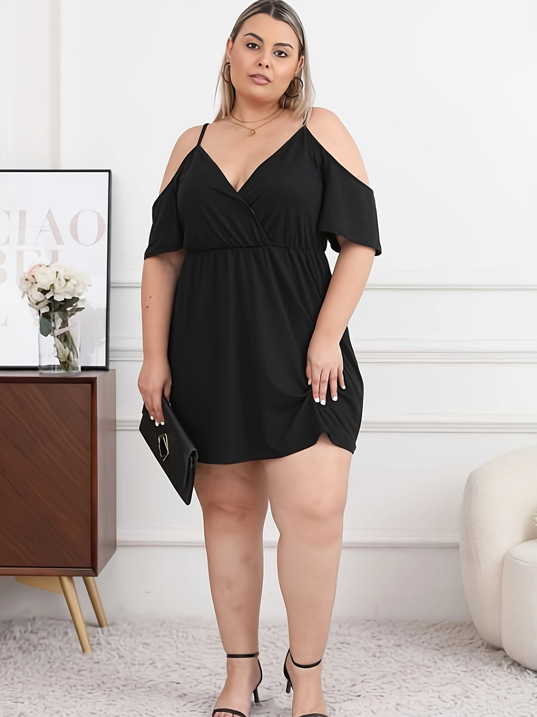 [Plus Size Cold Shoulder Dress] Plus Size Solid Cinched Waist Cold Shoulder Dress, Elegant Short Sleeve Surplice Neck Above Knee Dress For Spring & Summer, Women's Plus Size Clothing