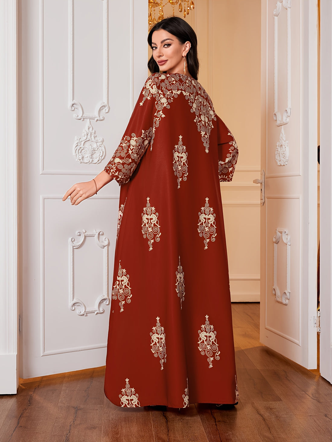 Ramadan Ethnic Floral Print Crew Neck Kaftan Dress, /MH