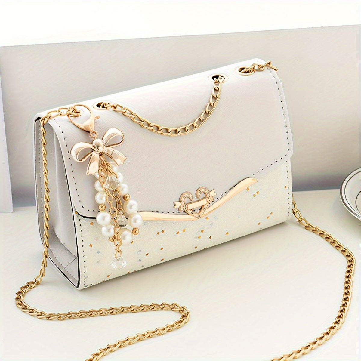 Fashion Polka Dot Beige PU Shoulder Bag with Tassel Charm, Urban Themed Flap-Over Crossbody with Buckle Closure and Metal Chain Strap, Lightweight Portable Handbag for Women, Ideal for Shopping, Office, University, Travel, Ca