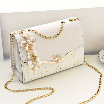 Fashion Polka Dot Beige PU Shoulder Bag with Tassel Charm, Urban Themed Flap-Over Crossbody with Buckle Closure and Metal Chain Strap, Lightweight Portable Handbag for Women, Ideal for Shopping, Office, University, Travel, Ca