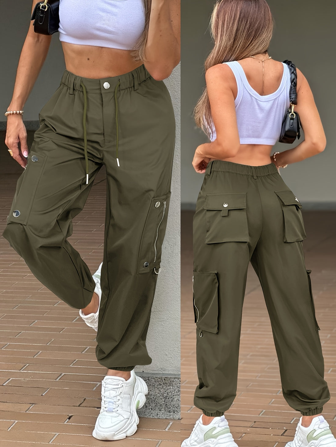 SwaKAKI Women's High-Waist Cargo Tapered Pants with Multiple Zippered Pockets, Olive Green Casual Commuter Pants, Polyester Fabric, All-Season Wear, Ladies Pants
