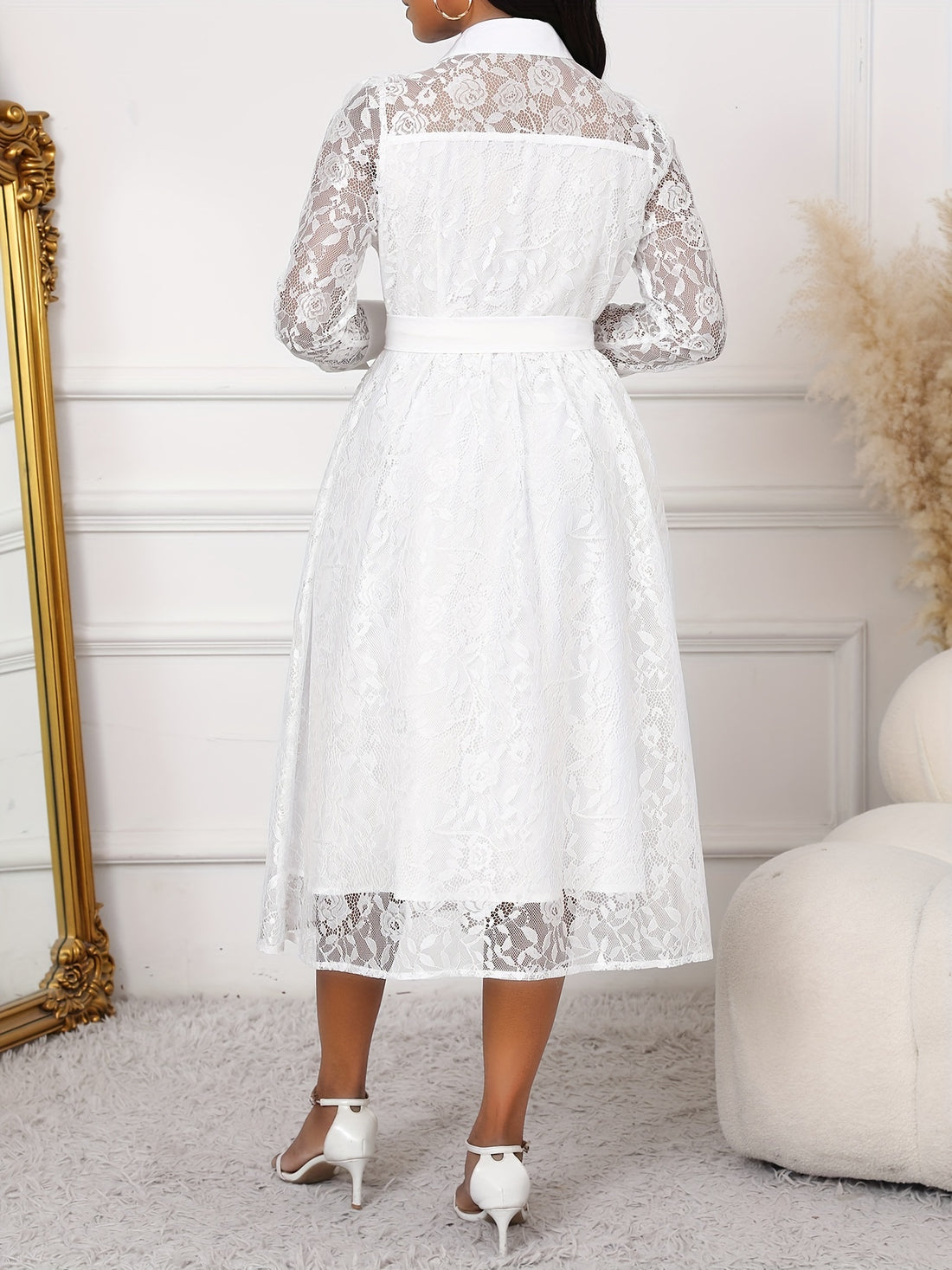 Contrast Lace Belted Button Front Shirt Dress, Elegant Long Sleeve Dress For Spring & Fall, Women's Clothing