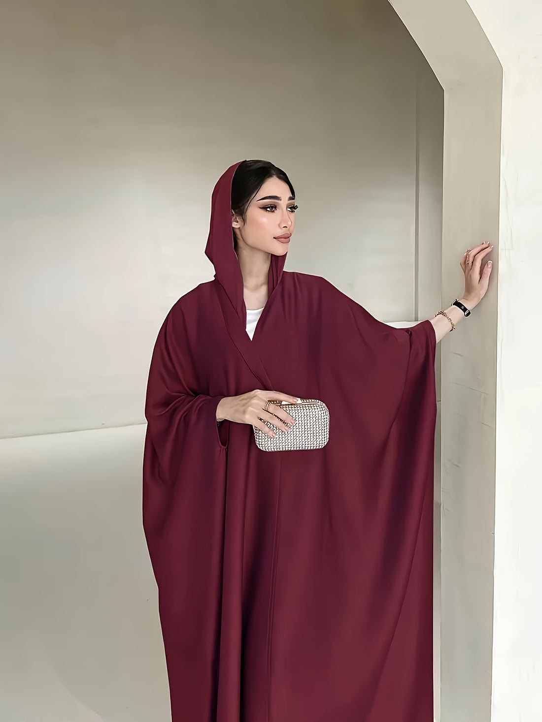 Open Front Hoodie Kaftan Dress, Elegant Long Batwing Sleeve Non-Stretch '/MH