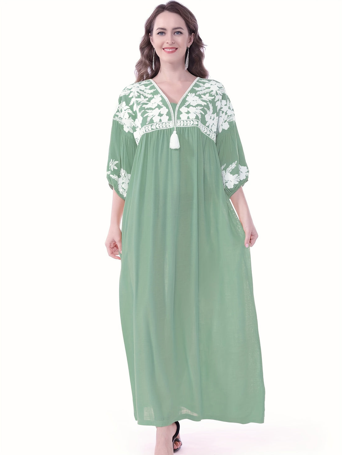 Women'S Eid-Themed Green Dress with White Floral Embroidery - Loose Fit, V-Neck, Half Sleeve, Non-Stretch Fabric, Perfect for Ramadan and Eid Celebrations, Eid Dress | Floral Embroidery Dress | Embroidered Dress