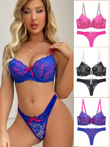 3sets Sexy Bow Decor Bra & Floral Lace Panty, Push Up Bra & Soft Comfortable Panties Lingerie Set, Women's Lingerie & Underwear