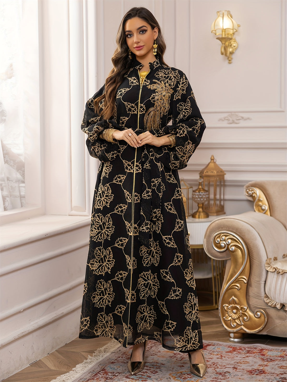 Dubai Floral Embroidery Belted Dress Belt included Lantern Sleeve Maxi Abayas Luxury Woman Evening Dresses Kaftan 2025