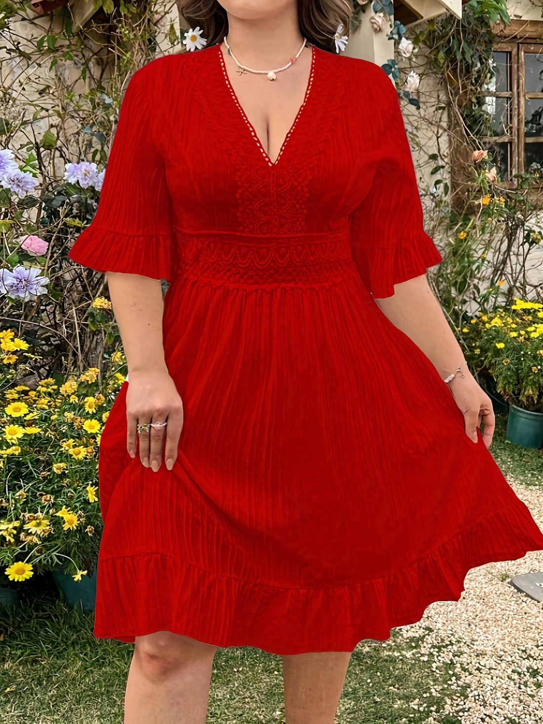 Plus Size V-Neck Lace Detail Ruffle Skirt Dress -/MH