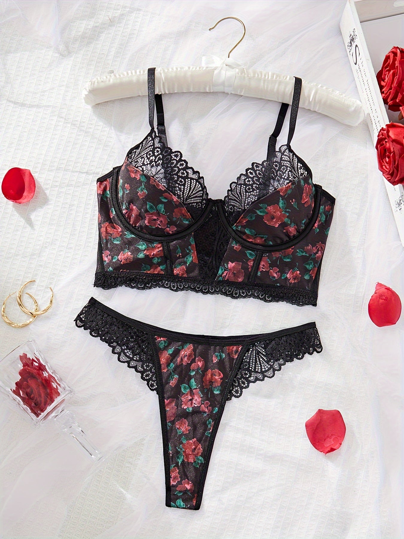 Elegant Rose Print Lingerie Set, Floral Lace Detail, / MH