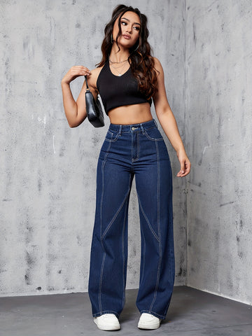 Women's Fashionable High-Waisted Flared Jeans Straight-Leg Denim Pants