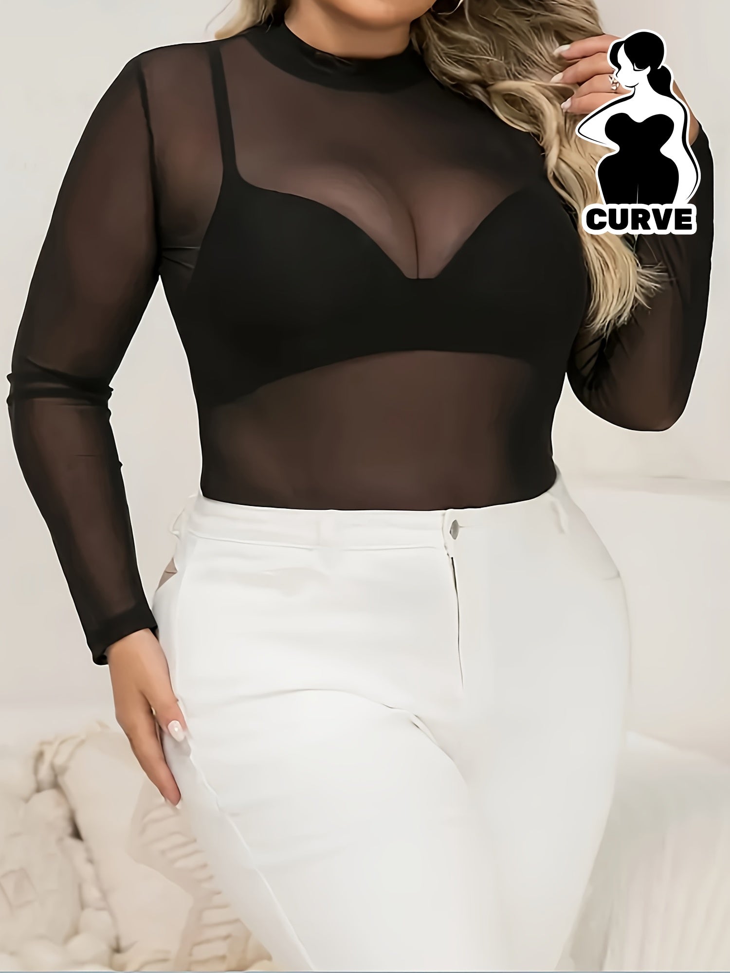 [Elegant T-Shirt] Elegant Plus Size Women's Sheer Mesh Long Sleeve T-Shirt | High Neck Stretchy Breathable Top, Casual All-Season Machine Washable Solid Color Tee