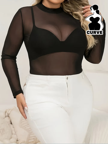 [Elegant T-Shirt] Elegant Plus Size Women's Sheer Mesh Long Sleeve T-Shirt | High Neck Stretchy Breathable Top, Casual All-Season Machine Washable Solid Color Tee