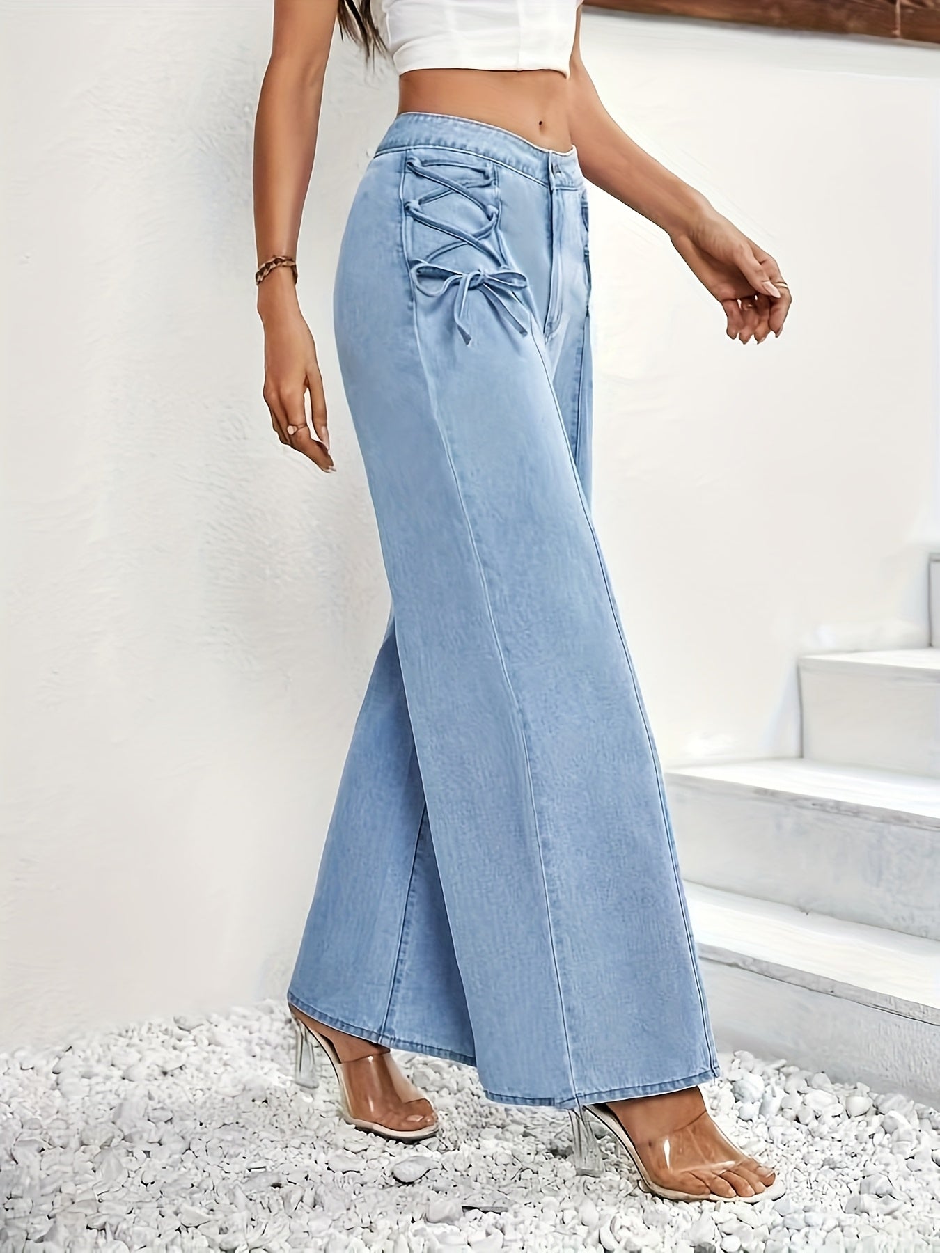 Stretch Front Tie Wide-Leg Jeans - A Stylish and Vintage-Inspired Pair with High-Waisted Cut, Elastic Fabric, and Front Tie Detailing for a Perfect Blend of Retro and Modern Appeal, 3% Spandex for Stretchy Denim Feel