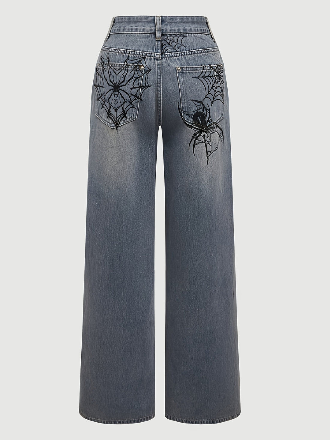 AW25 Women'S Streetwear Spider Print Wide-Leg Jeans - Black Denim with White Spider Web Design, Flake Detail, All-Season Casual Pants for Casual Attire, Ladies Jeans